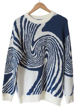 Aelfric Eden Swirl Whirlpool Knit Sweater Small Oversized White Blue Streetwear